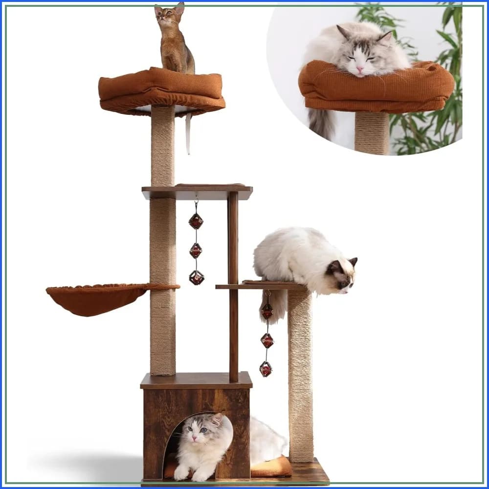 4 in 1 Large Cat Tree with Jute Scratching Post, Hammock, and Silvervine Balls, Brown Cat Tower for Indoor Cats