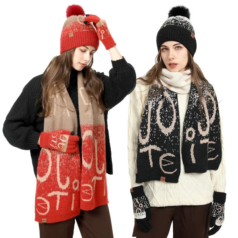 2025 Commercio estero transfrontaliero Amazon Winter Needle Jacquard da donna addensato imitazione visone sciarpa cappello guanti set da tre pezzi