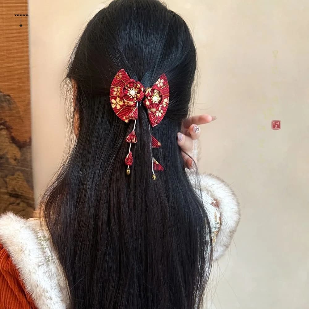 Sweet Bell Kimono Sakura hair clip with fabric and tassel flower, Chinese Hanfu style, photo accessory