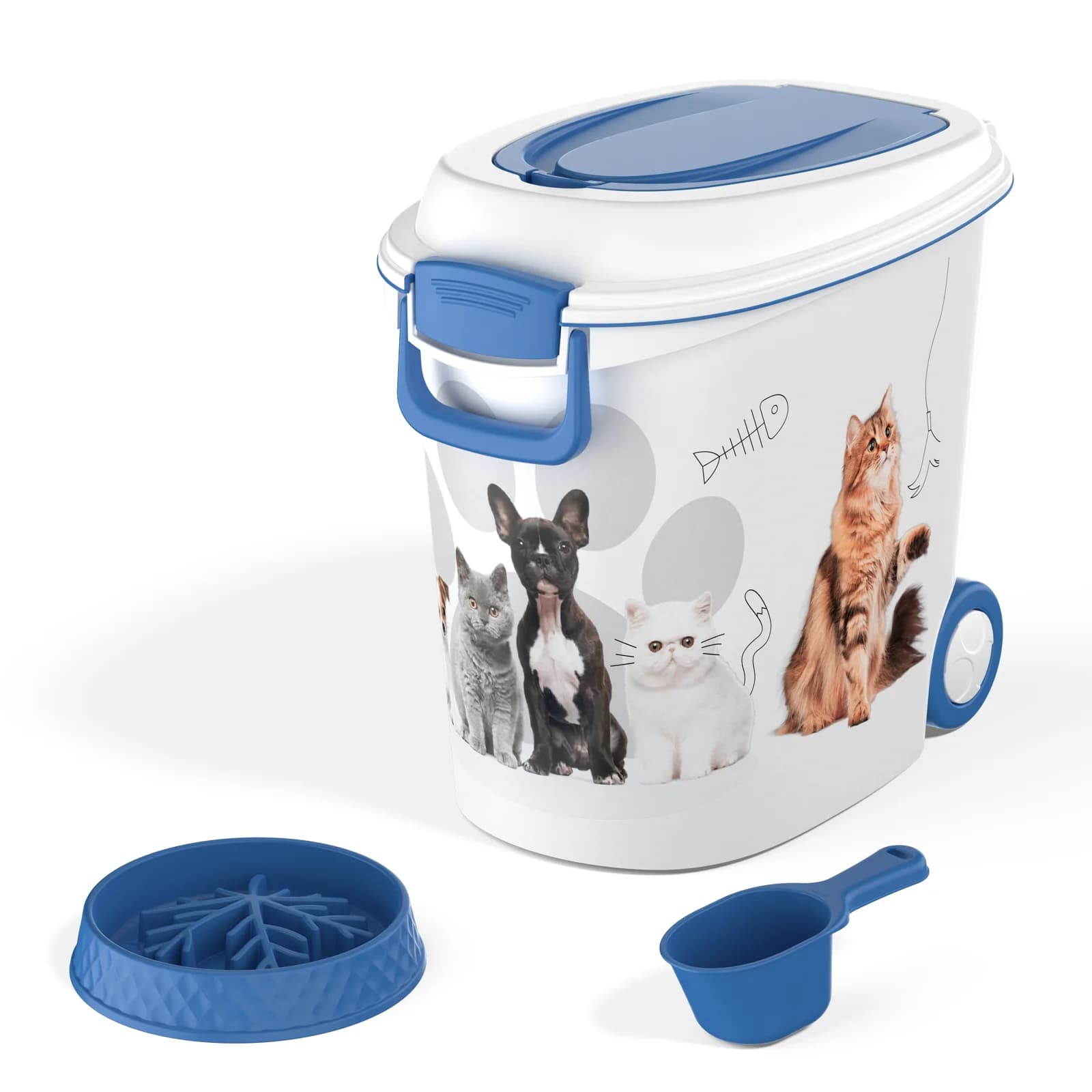 Contenitore per Cibo per Animali Domestici in Resina da 40 libbre con Ruote, Bidone Ermetico per Cibo per Cani con Paletta e Ciotola per Alimentazione Lenta