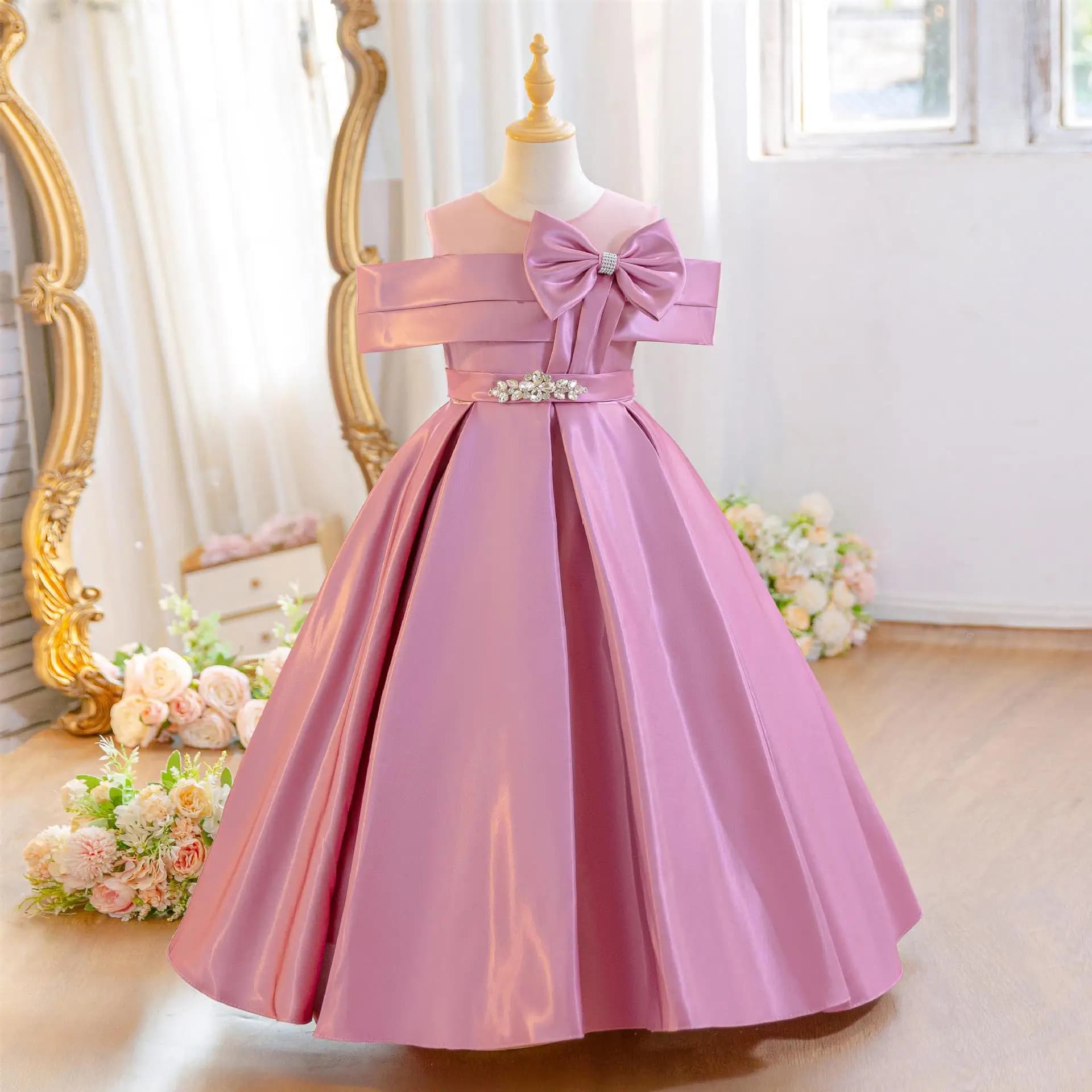 HETISO Children's Elegant Dress Crystal Sashes Girls Princess Sequined Bow Sleeveless Flower Kids Wedding Little Ball Gown 10 12