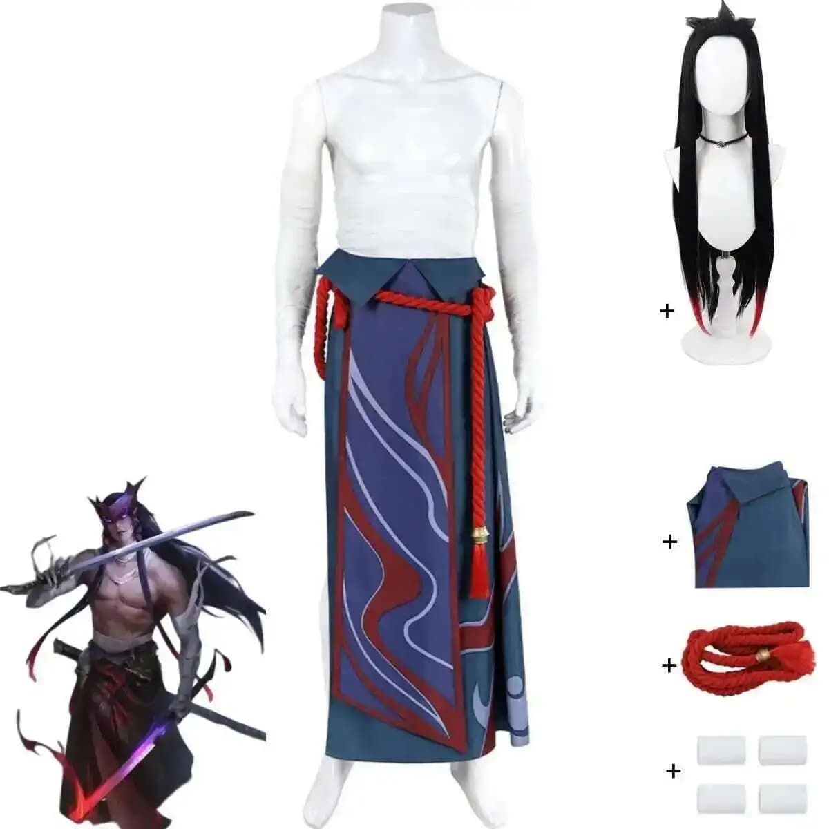 Game LOL Unforgotten Yone Cosplay Costume Wig Skirt Strap Straps Uniform Full Set Adult Man Woman Carnival Halloween Suit