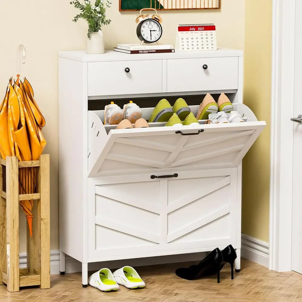 Armadio Portascarpe in Metallo Bianco con 2 Cassetti e 2 Ripiani, Elegante Organizzatore per Ingresso o Corridoio