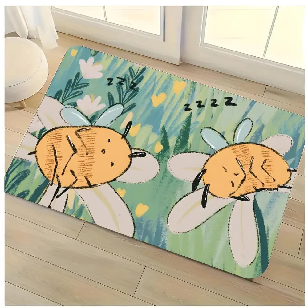 Bee Collecting Honey Floor Mat Washable Absorbent Flannel Door Mat Non-Slip Indoor Floor Rug