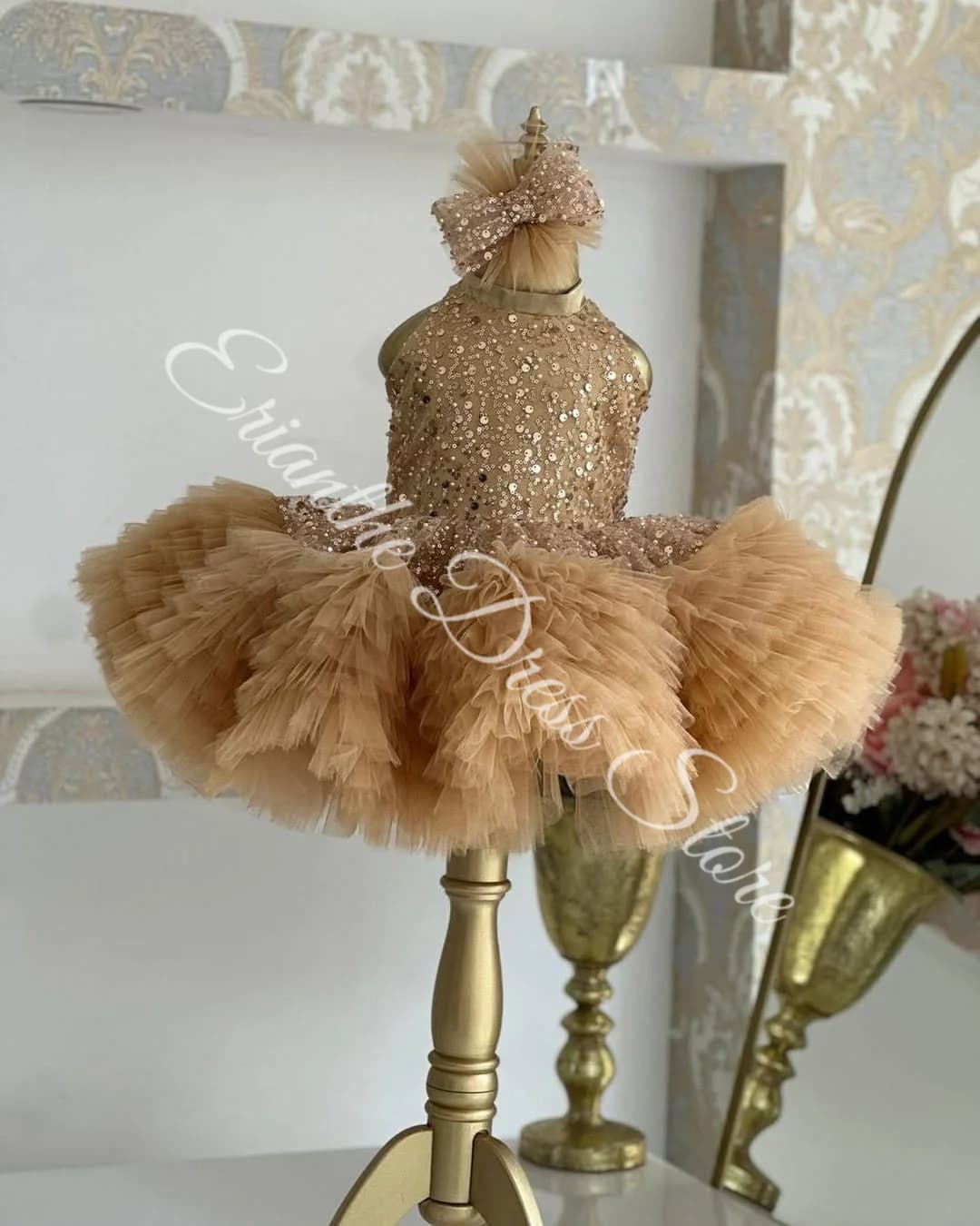 Abito da ragazza di fiori personalizzato per abiti da ballo da prima comunione per feste di compleanno per bambini personalizzati con paillettes gonfi a strati