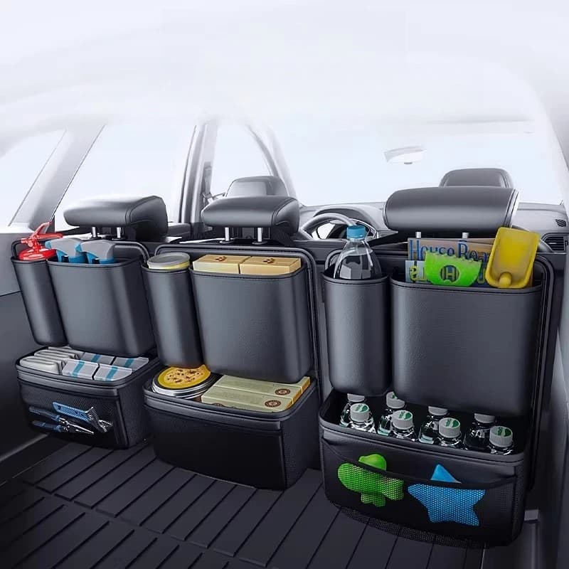 1 Pezzo Borsa Portaoggetti per Sedile Posteriore Auto in PVC Nero con Doppio Portabicchieri e Tasca a Rete con Cerniera, Organizer Multifunzionale per Auto