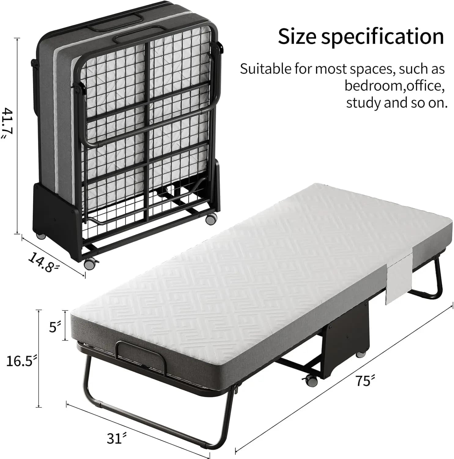 Letto Pieghevole Deluxe con Materasso in Memory Foam da 5 Pollici, Ruote, Telaio in Metallo, Tasche Laterali, 75x31 Pollici