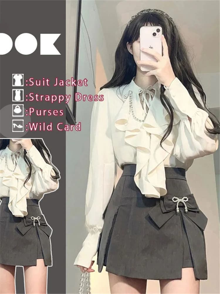 Elegant Vintage Dress Two Pieces with Long Sleeves and High Waist Gonna for Women, Fashion Spring-Summer, Compact Size