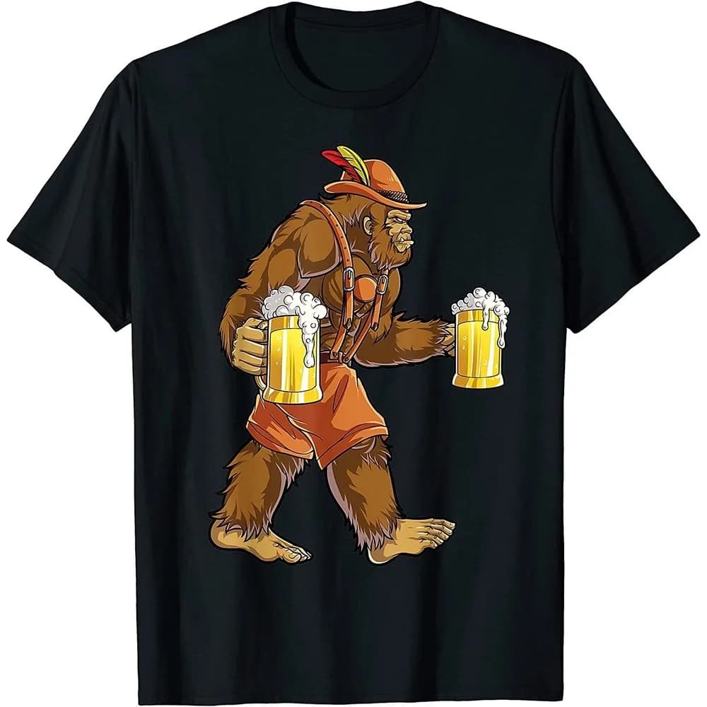 Bigfoot Lederhosen Uomo Boccale di birra T-shirt Oktoberfest Festival Tshirt da uomo Girocollo in cotone Manica corta Maschile Design creativo Tee
