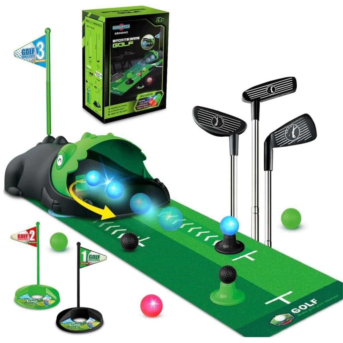 Giocattolo per bambini Set da golf Ritorno automatico Luce notturna Palline da golf Tappetino Mini gioco da golf per bambini Giocattoli sportivi per interni ed esterni Regalo di Natale per ragazzi