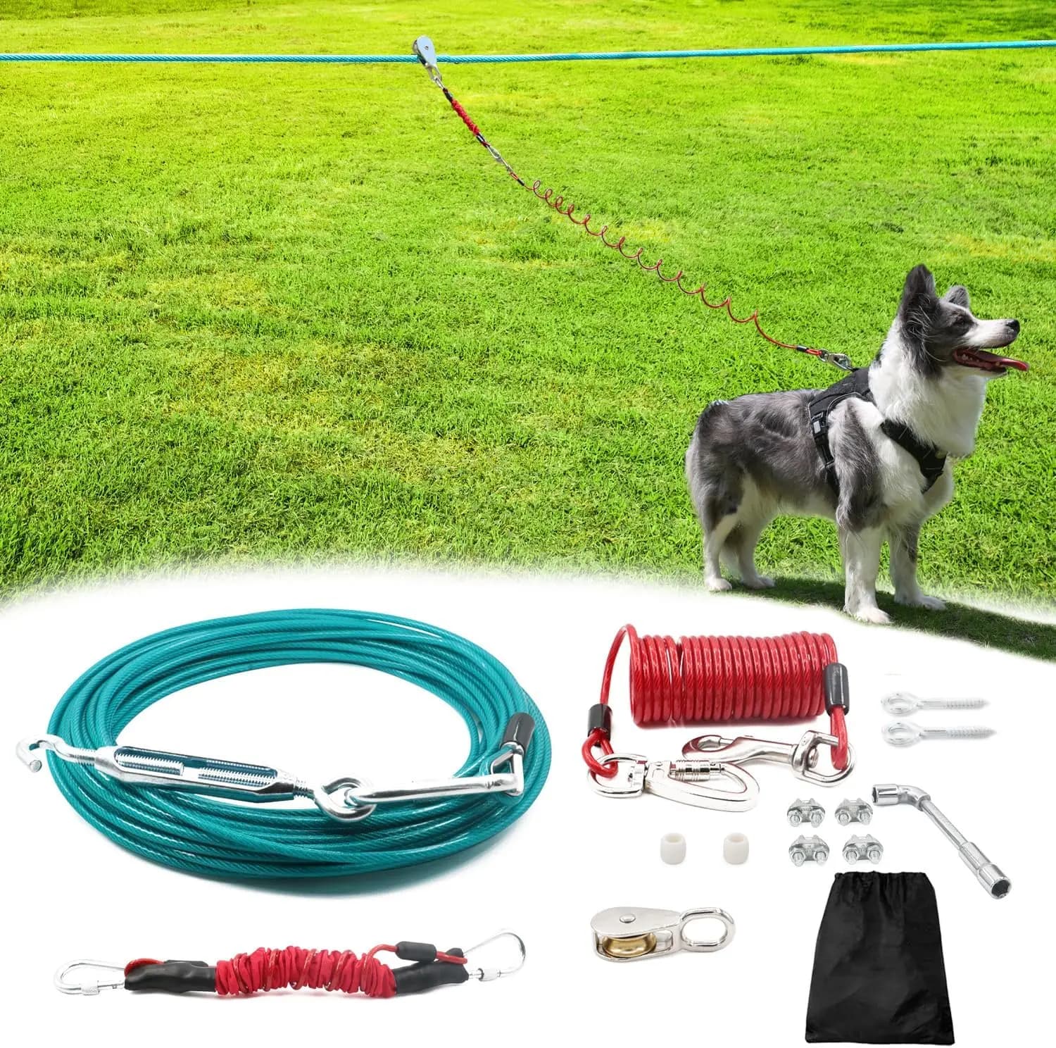 Guinzaglio per cani resistente da 36,6 m con cavo da 3 m, carrello per guinzaglio da esterno per cani di taglia grande fino a 136 kg