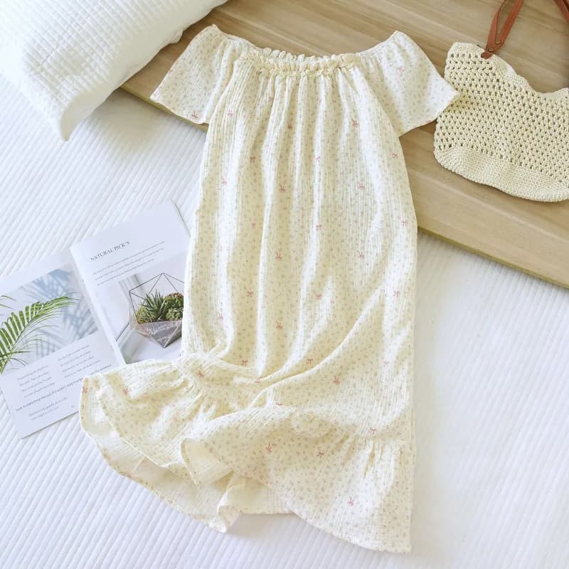 2026 Summer New Women's Sleeping Skirt 100% Cotton Thin Printed Sweet and Cute Loose Short Sleeve Long Skirt summer dress