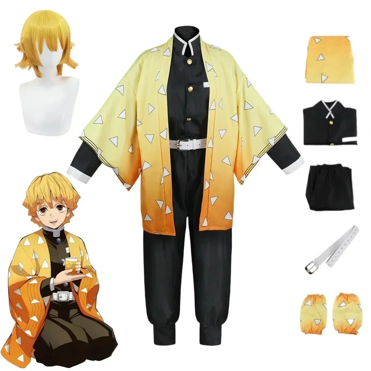 2026 Anime Agatsuma Zenitsu Cosplay Kostuum Kimono Halloween Kleding Party Uniform Pruik Vrouwen Kids