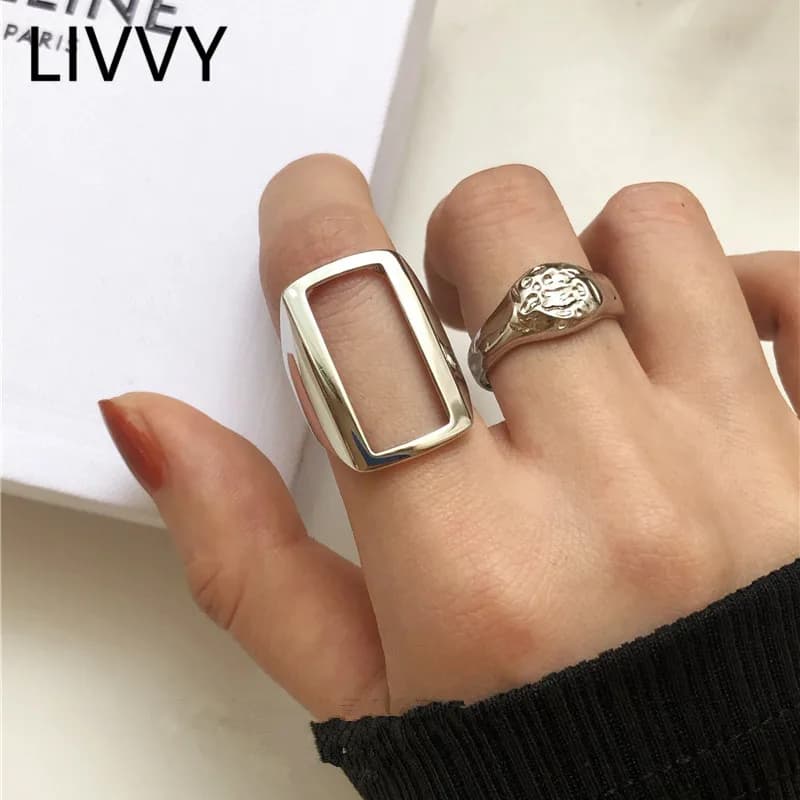 LIVVY Silver Color Hollow Rectangular Exaggerated Ring For Women Men Irregular Opening Personality Fashion Party Jewelry