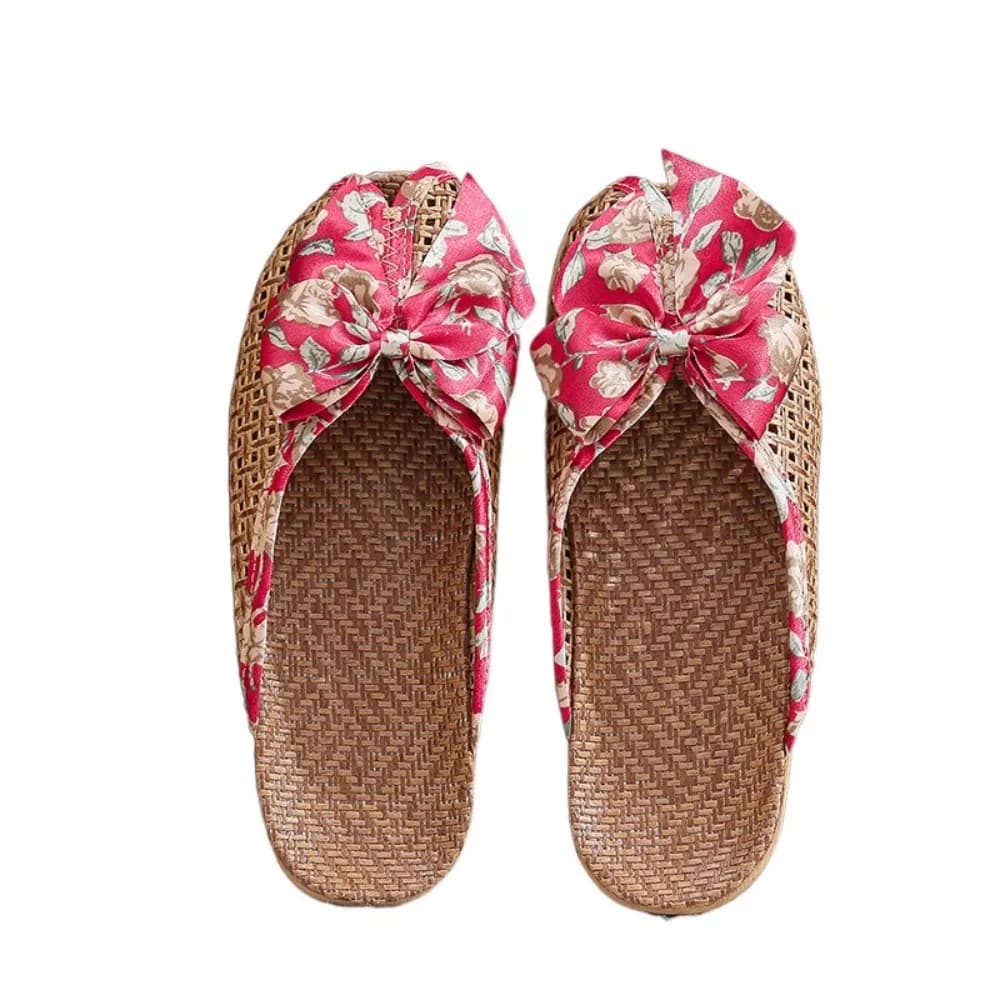 Sweat Absorption Sweet Bow Linen Slippers Hollow Out Peep-toe Closed-toe Sandals Non-Slip Shoes Straw Weaving Slippers Outdoor