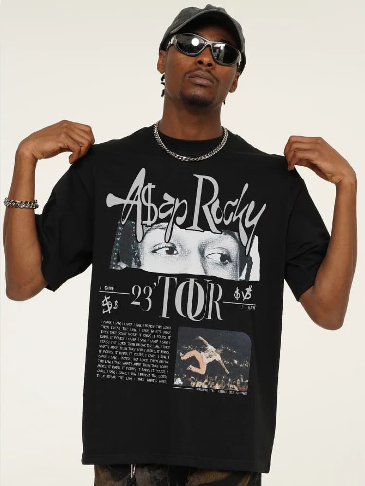 ASAP Rocky-Style Heavyweight Washed Streetwear Graphic T-Shirt Men's Casual Slim Fit Short Sleeve Tee in Black White Red Blue