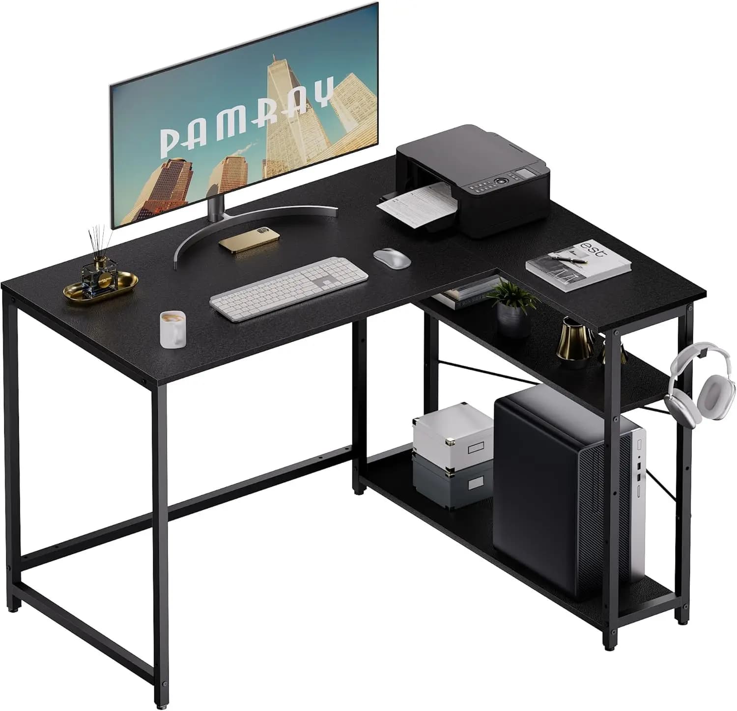 Scrivania ad Angolo a L da 43 Pollici con Ripiani Reversibili, Tavolo per Studio e Gaming per Piccoli Spazi, Colore Nero