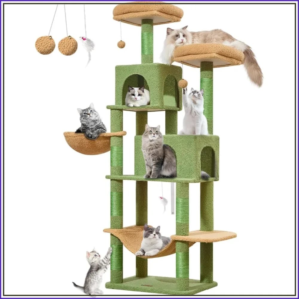 66.2" Cat Tree for Indoor Cats, Plush Multi-Level Cat Condo with 7 Scratching Posts, 2 Perches, 2 Caves, Hammock, Pompoms, Cactus Design