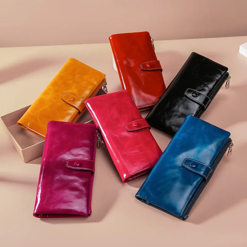 Portafoglio da donna in vera pelle con blocco RFID Portamonete lungo da donna in pelle di design di marca Portamonete da donna in pelle cerata a olio di lusso