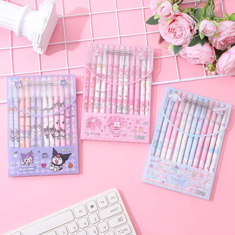12 pz Sanrio Penna Gel Cancellabile Cinnamonroll Kuromi Melody 0.5 Nero Blu Studente di Scrittura ad asciugatura rapida Carino Cancelleria Ragazza Regali