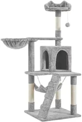 Multi-Level Cat Tree with Plush Perches, Sisal Scratching Posts, Condo, Basket, Hammock, Wall Anchor Strap, Indoor Use(LightGray)