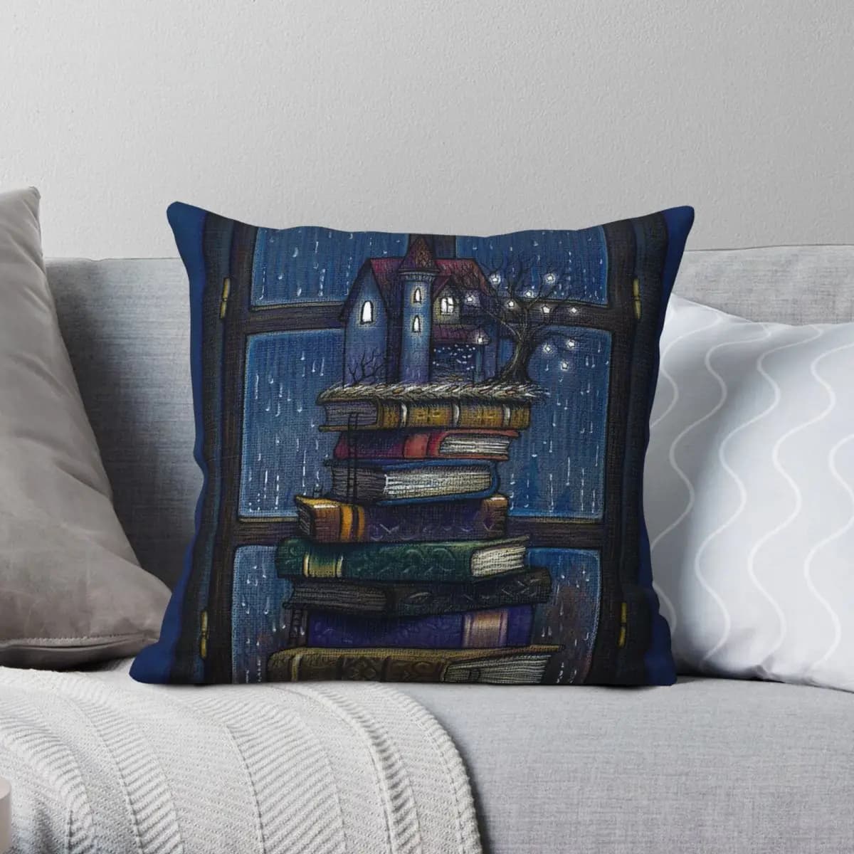 Fodera per cuscino decorativa per divano con cerniera in poliestere e lino, con castello di libri