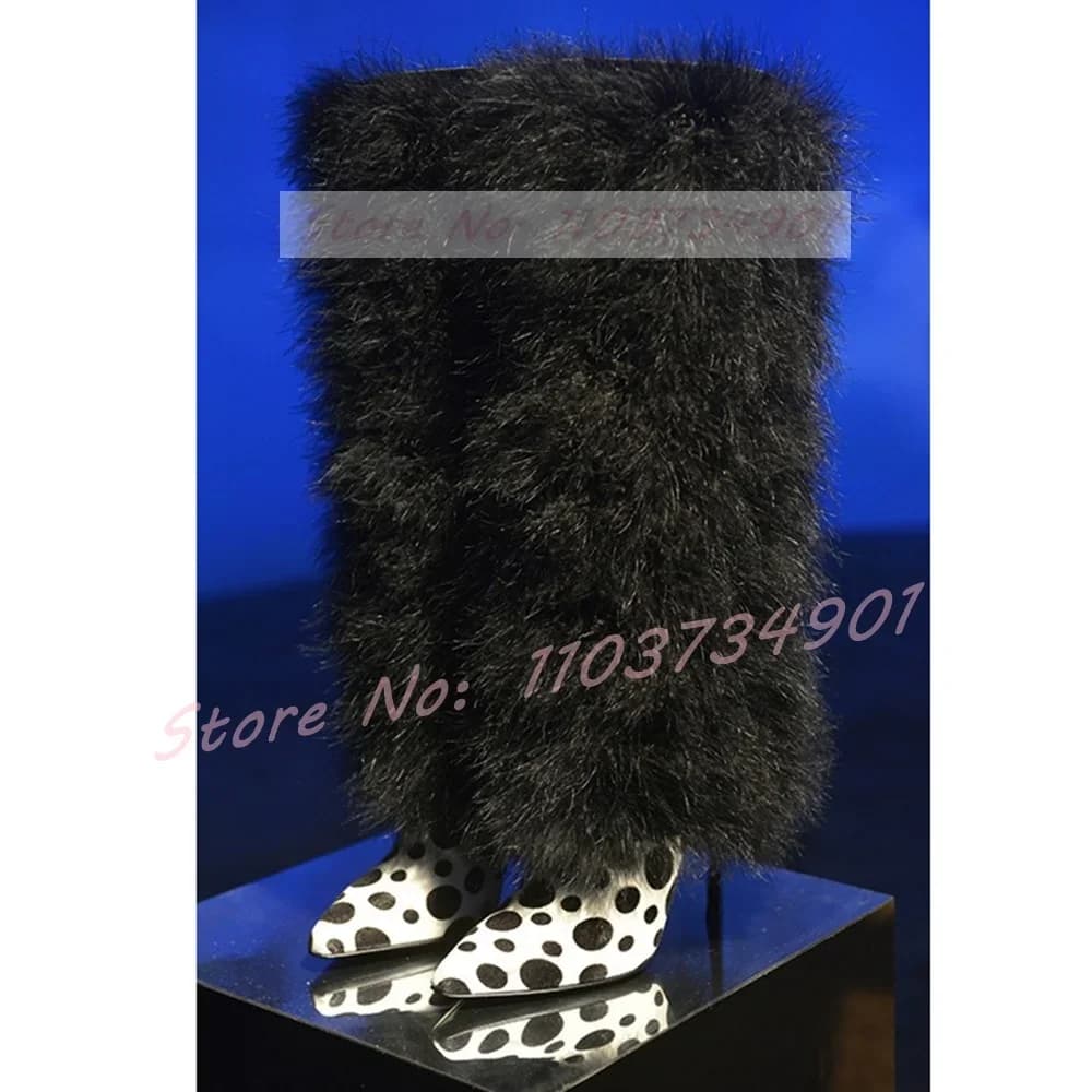 Stivali al ginocchio piegati pelosi color mucca Stivali da donna con punta a punta Stivali con tacco alto sottili Scarpe da discoteca alla moda da donna