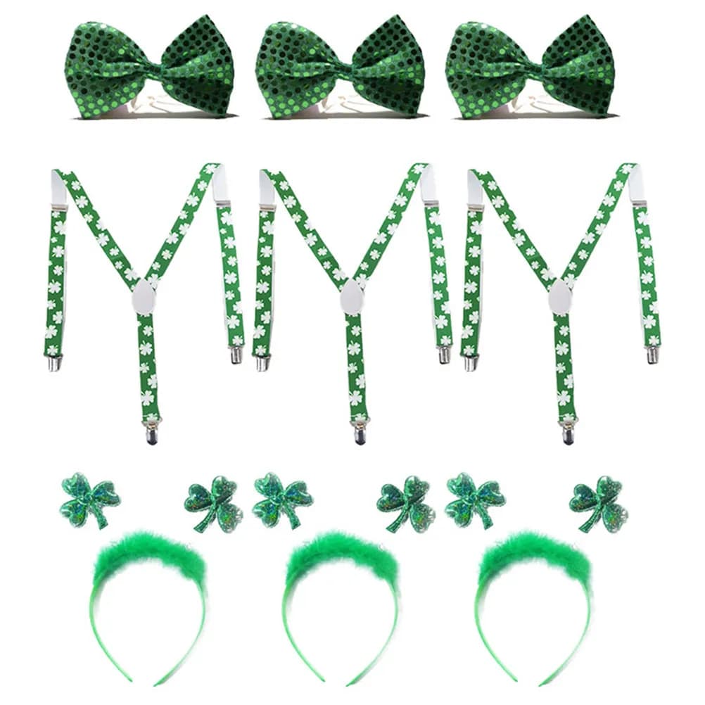 9Pcs St Patricks Day Accessories Set Suspenders Party Tie Headdress Shamrock Necktie Comfortable Secure Fit for Jeans Pants