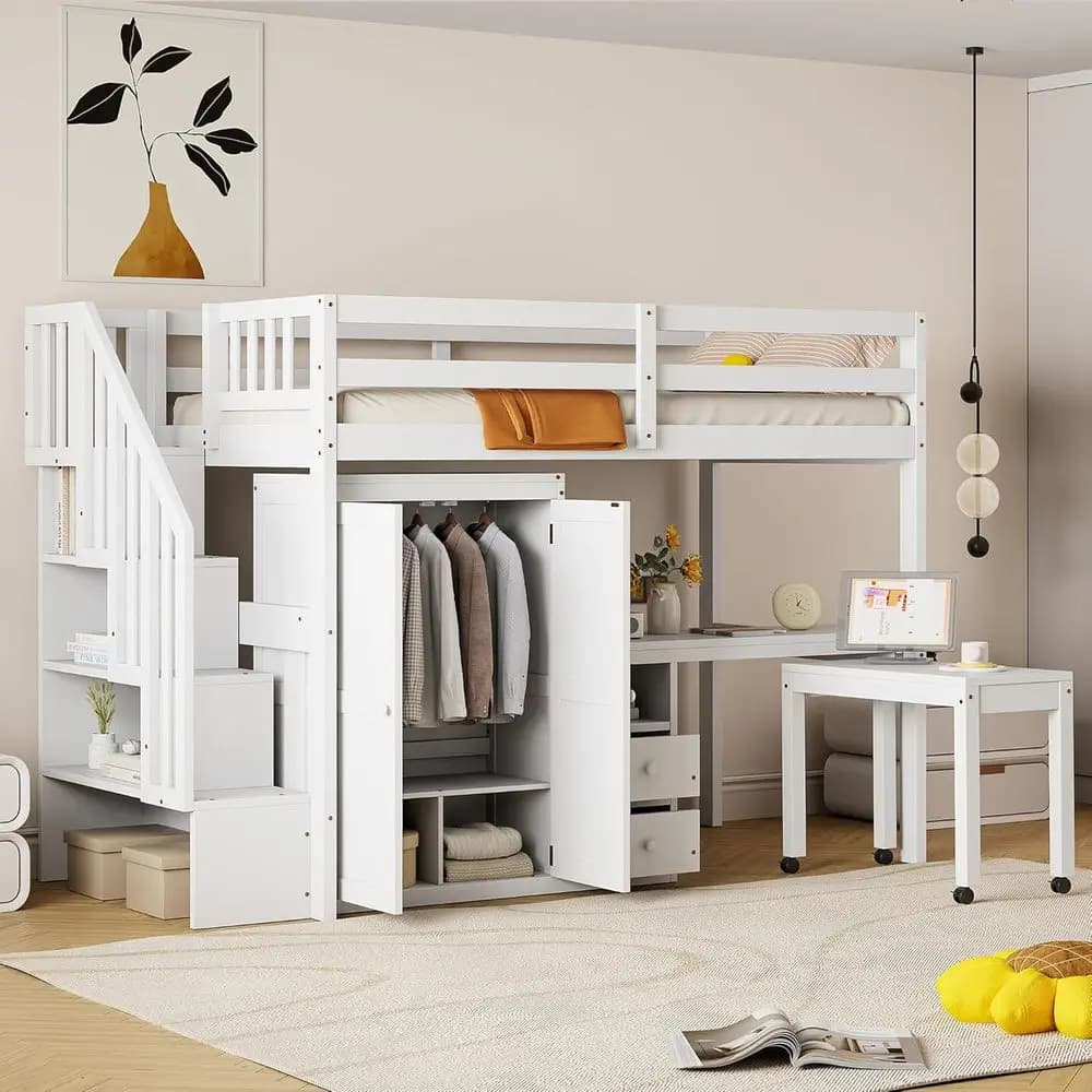 Twin Soppalco Bed in White Wood with Desk, Storage Boxes, Wardrobe, Library and Safety Railroad - Not Needed Box Spring