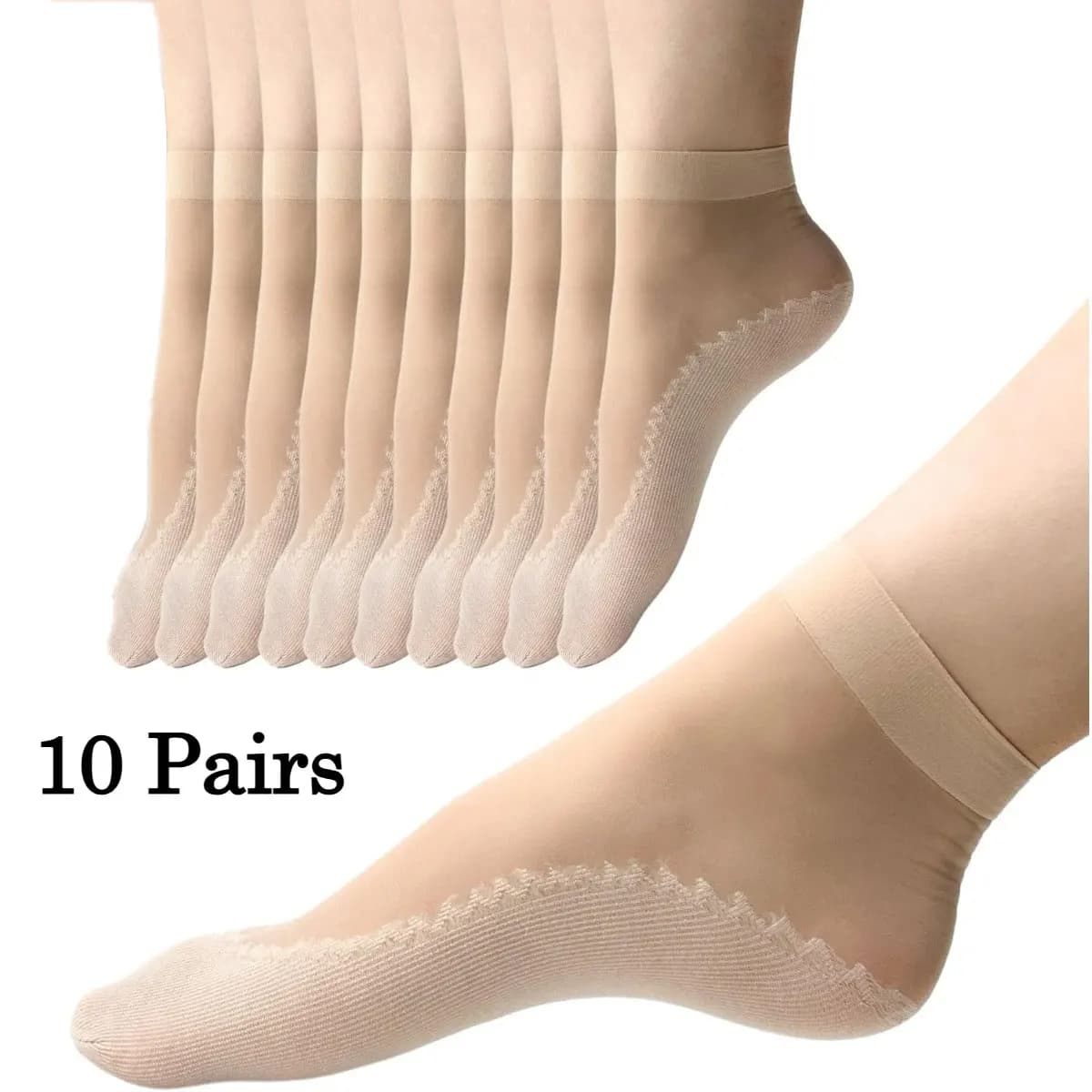 10 Pairs Nylon Socks for Women, Antil-Slip Thin Ankle High Tight Socks w/Reinforced Sole and Toe