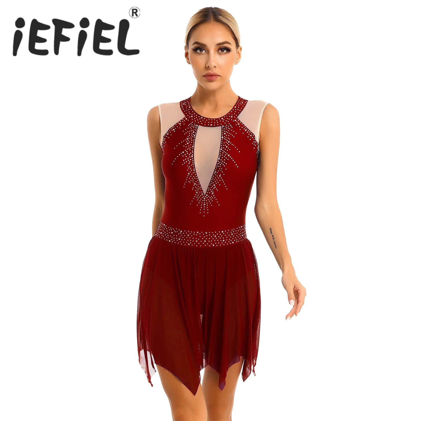 Da donna figura pattinaggio su ghiaccio Performance di danza Costume senza maniche maglia ginnastica body Glitter strass abito da ballo lirico