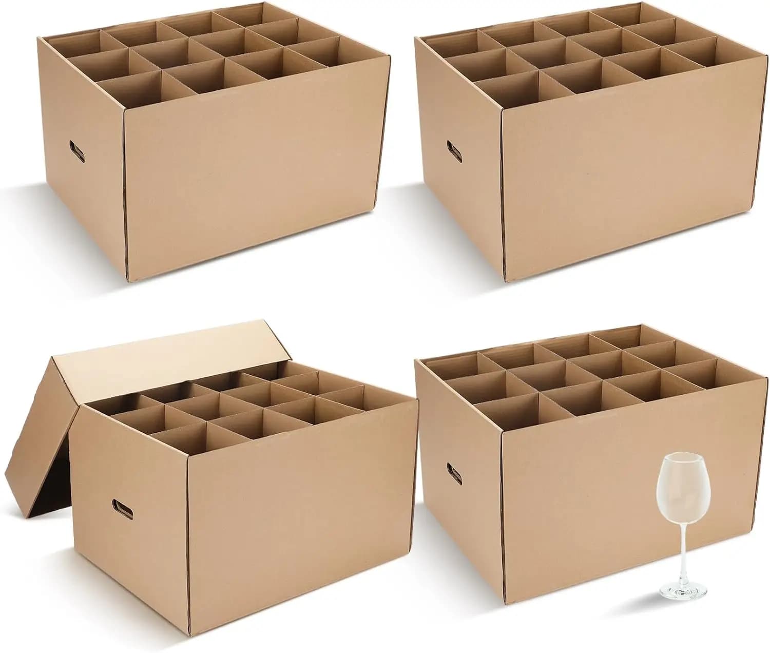 Set di 4 Scatole per Trasporto Bicchieri da Vino con Manici e Coperchi per Cucina, Marrone 20x15x12 Pollici