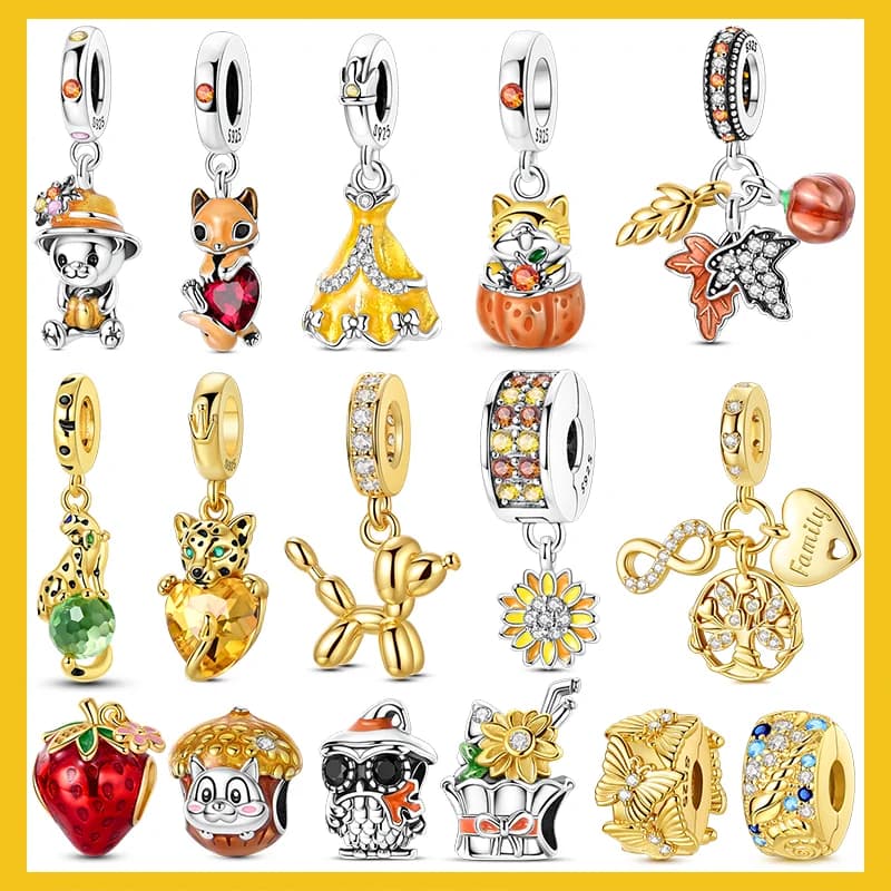 925 Sterling Silver Golden Charms Bead Squirrel Maple Leaf Leopard Pendant Fit Bracelet Making Woman Jewelry