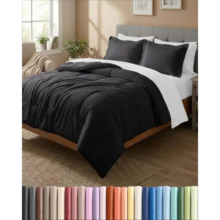 Set di biancheria da letto nero per tutte le stagioni - Piumino da 1 kg (20 cm x 90 cm) e 2 federe (20 cm x 36 cm) trapuntate a punto a cassetta, in fibra alternativa alla piuma.