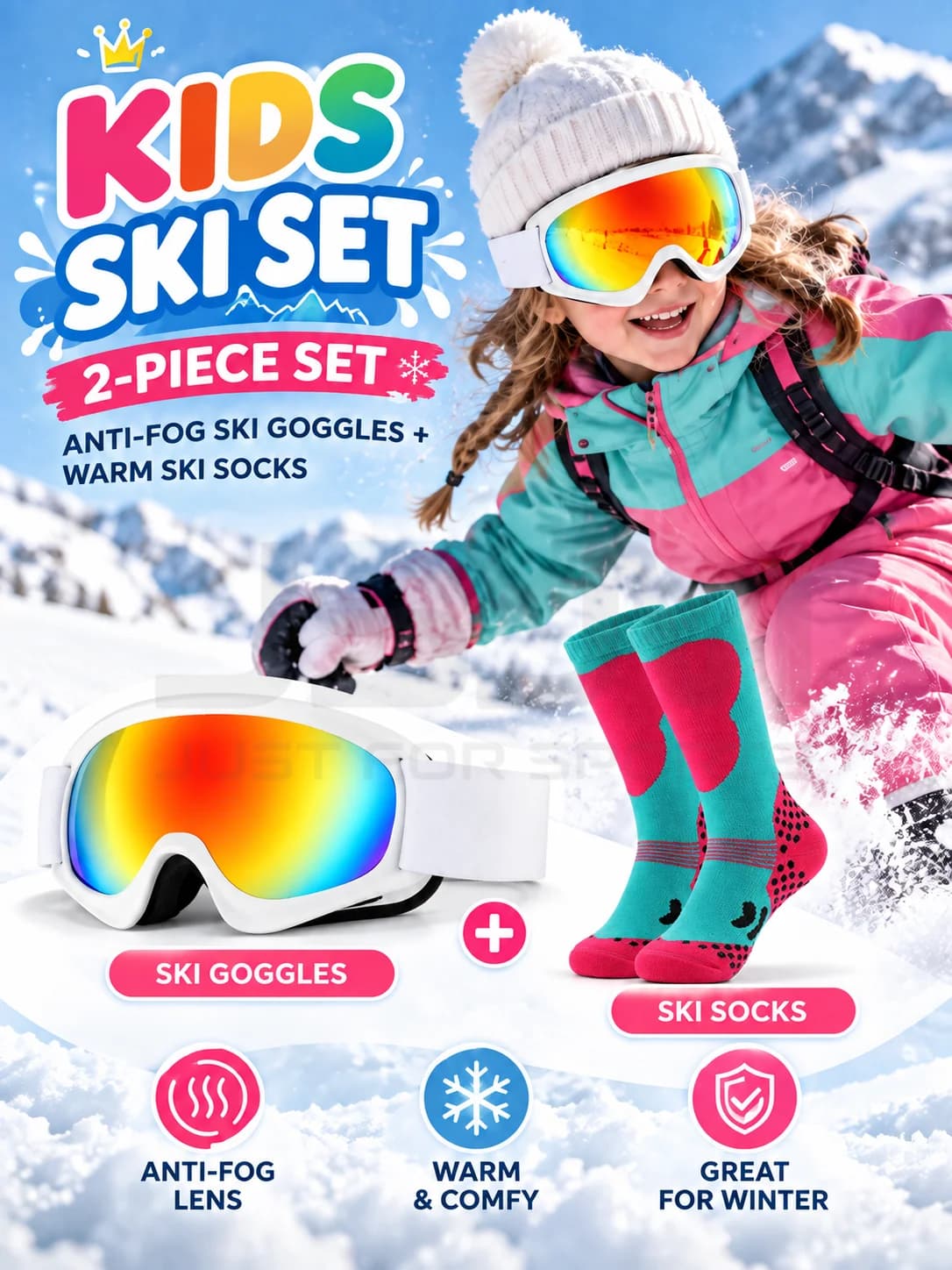 JSJM New Kids Anti-Fog Ski Goggles Set with Warm Ski Socks, Snowboard Glasses Winter Snow Sports Gear for Boys Girls XMAS Gifts