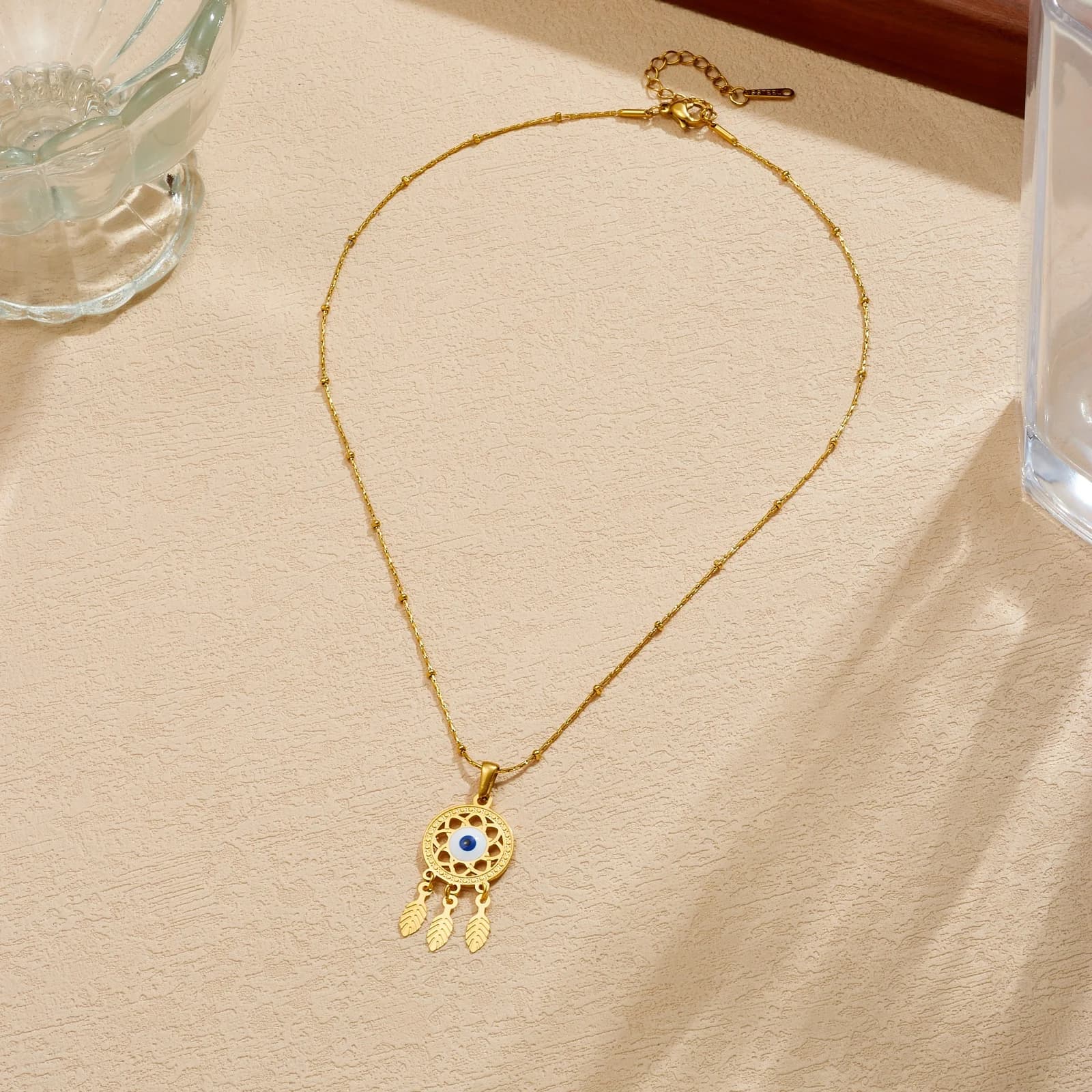 LAMENGLY 316L Stainless Steel Dreamcatcher Evil Eye Pendant Necklace | Gold Trendy Party Jewelry & Delicate Gift for Women