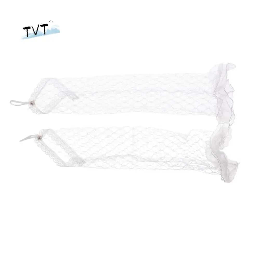 Protezione solare per festa di nozze Lunghezza al gomito Guanti lunghi da donna con volant in rete bianca Guanti da sposa Guanti con fiocco in pizzo