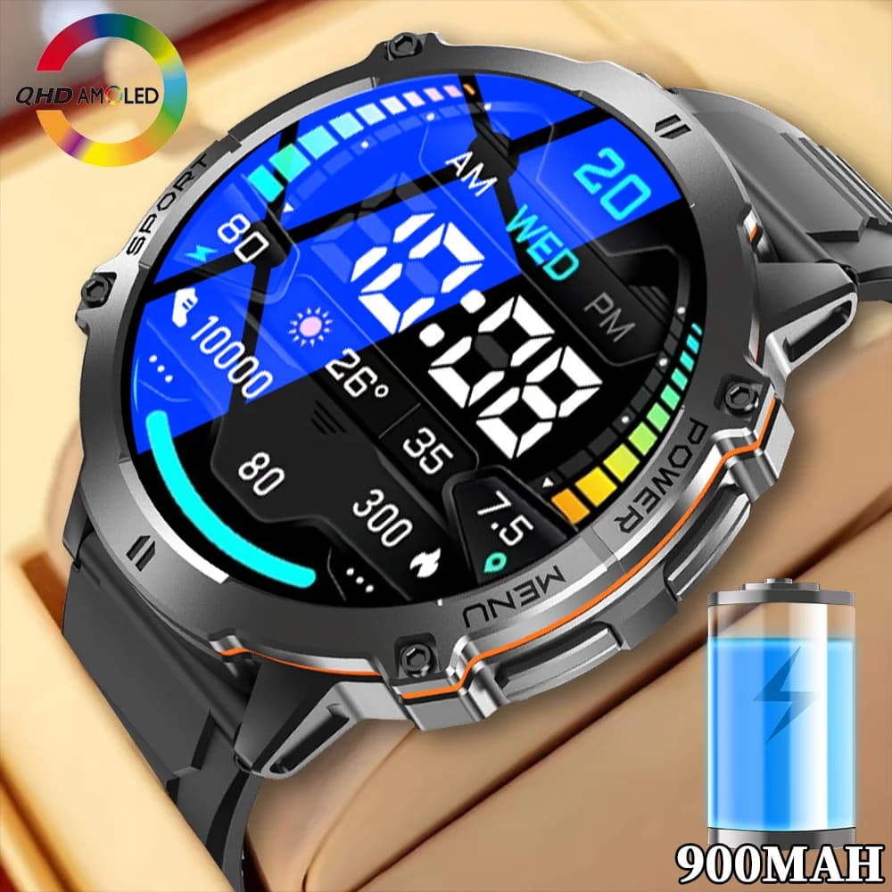 Smartwatch new model 2026 with 900mAh battery, high definition AMOLED screen, ideal for outdoor sports and fitness monitoring.