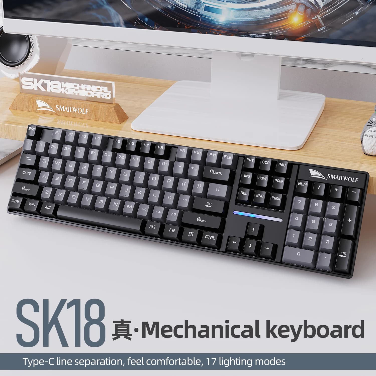 SMAILWOLF SK18 Tastiera meccanica cablata per e-sport con 104 tasti, asse verde, supporta russo, spagnolo, tailandese, arabo e coreano