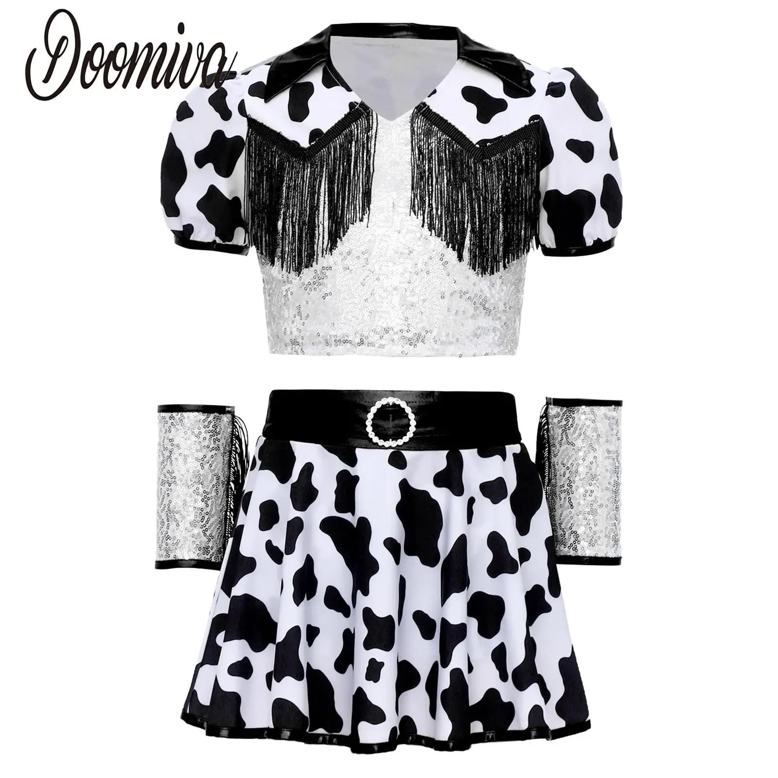 Ragazze Mucca Stampa Cowgirls Costumi Abiti Jazz Dancewear Paillettes Manica corta Frangia Crop Top Pantaloncini Gonna e polsini Set