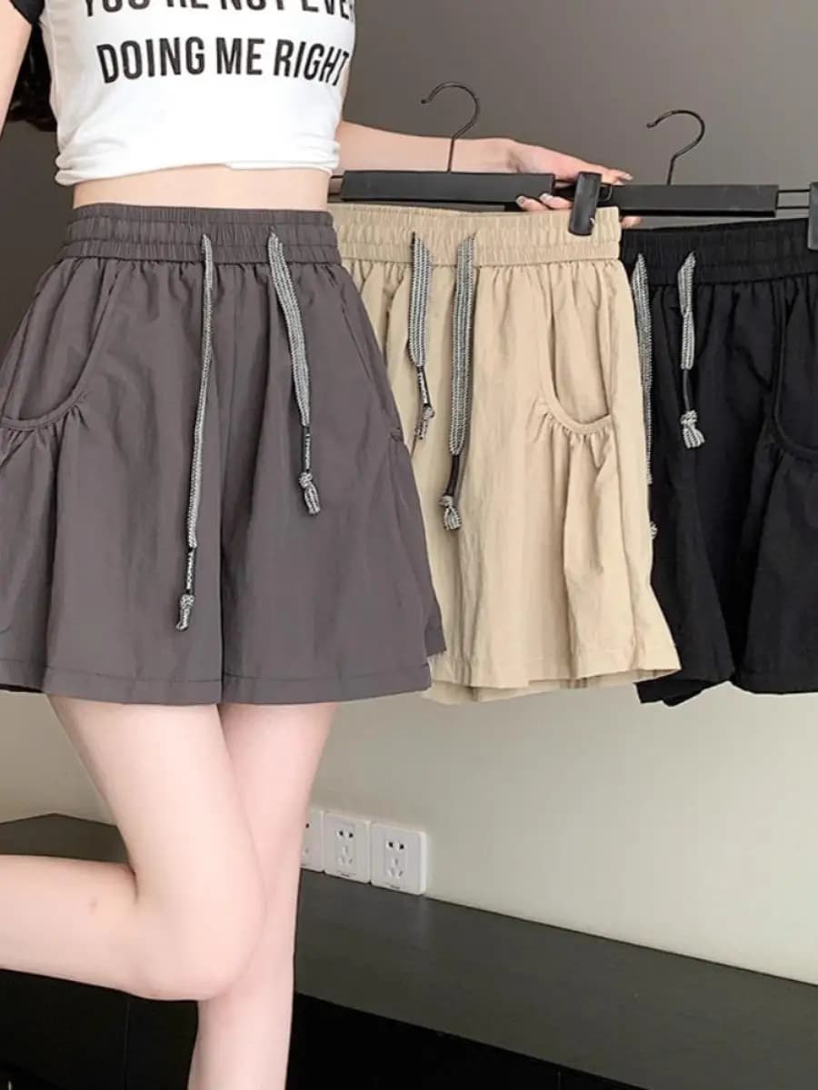 Quick Dry 3D Waist Thin Short Pants Women Summer Outdoor Wear Slim Loose Wide Leg Drawstring High Waist Casual Trousers