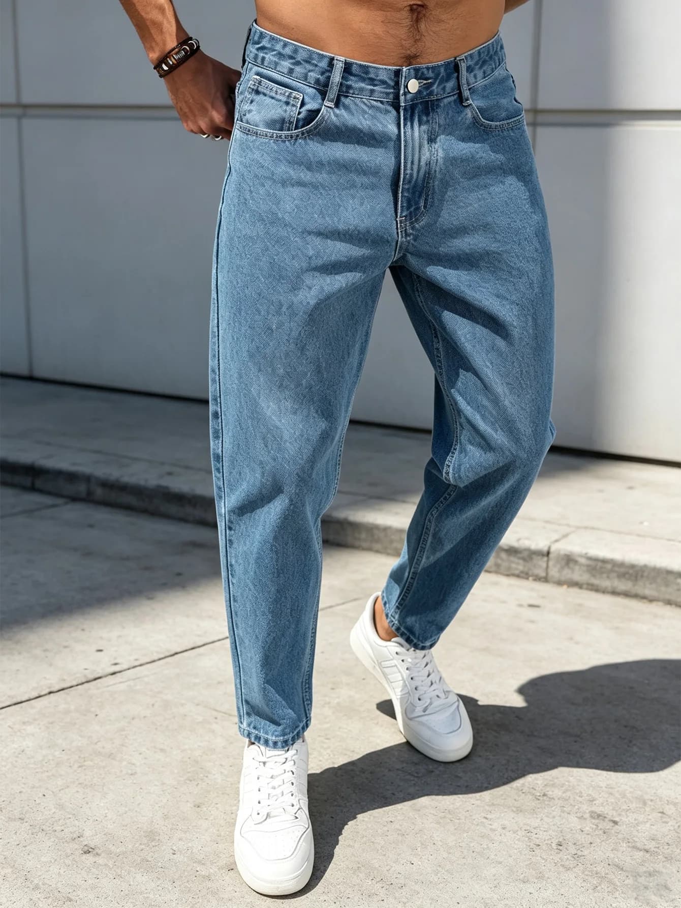 Men's Classic Light Blue Washed Tapered Jeans | Slim-Loose Ankle-Length Denim Pants | Basic Casual Streetwear Trousers