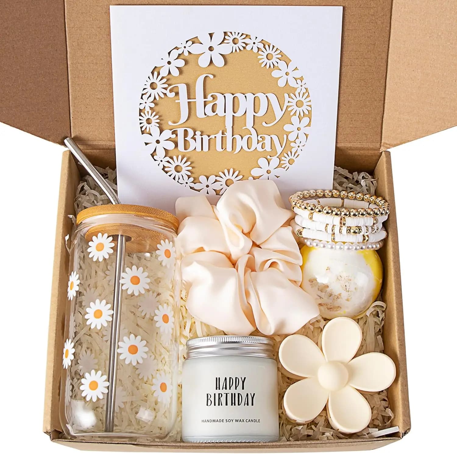 Daisy Outdoor Gift Box for Women and Girls - Set 7 Pieces with Glass, Candle, Bathroom Bomb and Accessories
