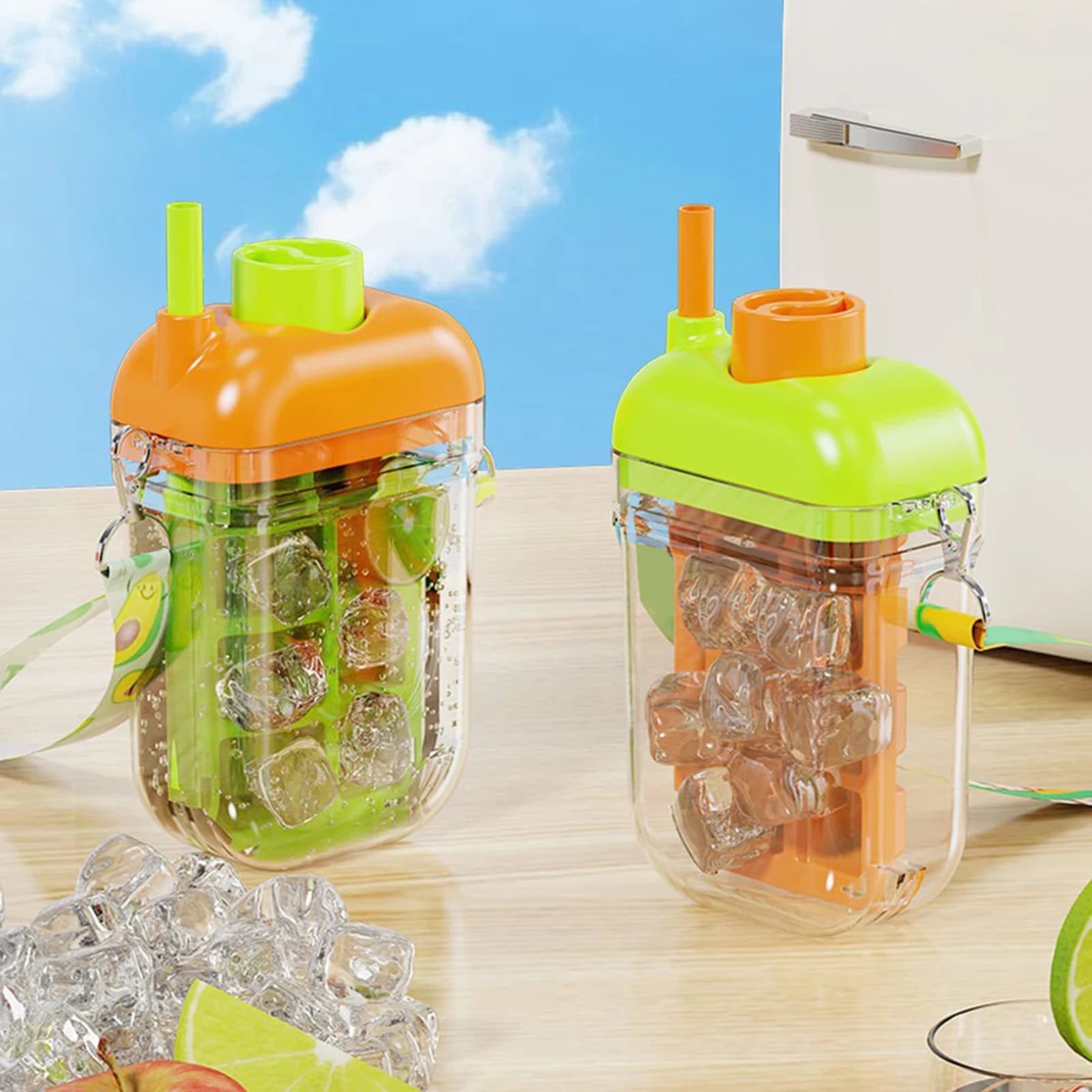 Bottiglia di cubetti di ghiaccio 2 in 1, bollitore per ghiaccio portatile in silicone con vassoio, stampo per ghiaccio a congelamento rapido per cocktail per picnic all'aperto