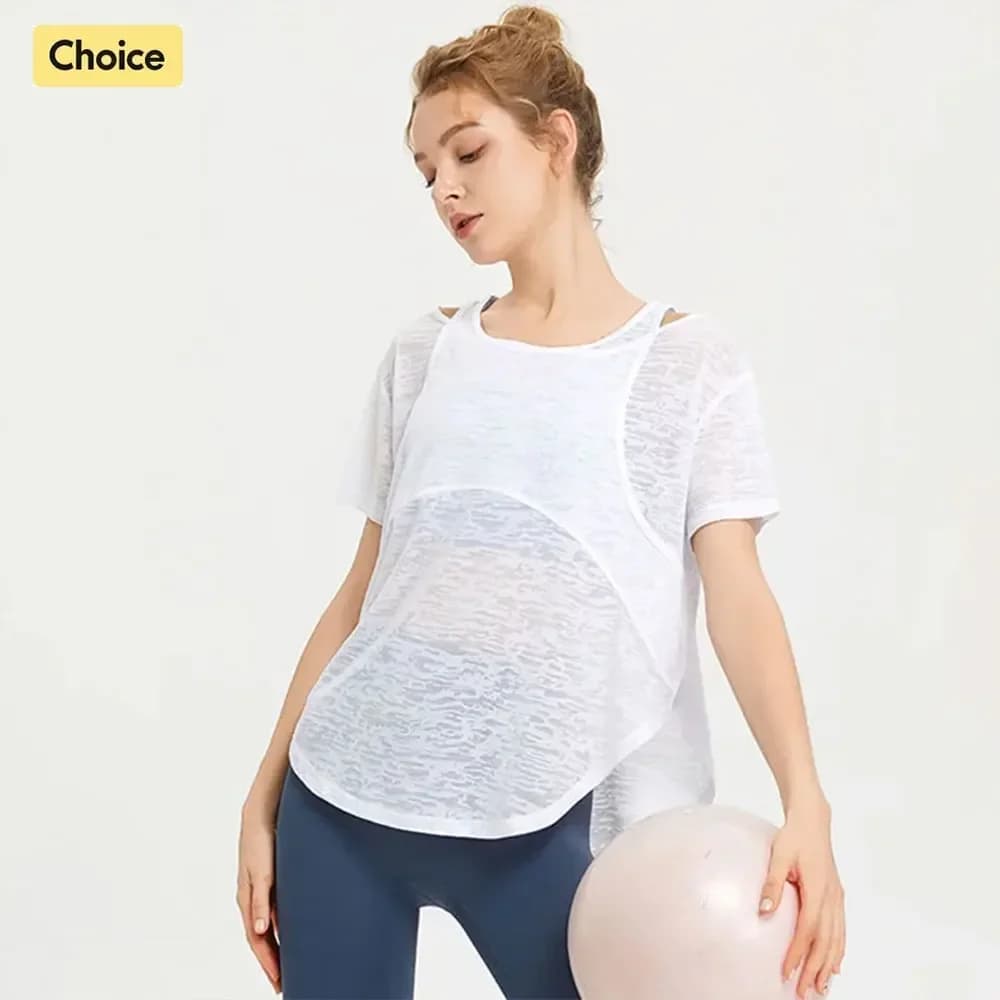 Stown Sportswear Women's Fitness Clothing T-shirt Short Sleeved Fake Two Women Yoga Outfit Top Sports Cotton Women's Gym