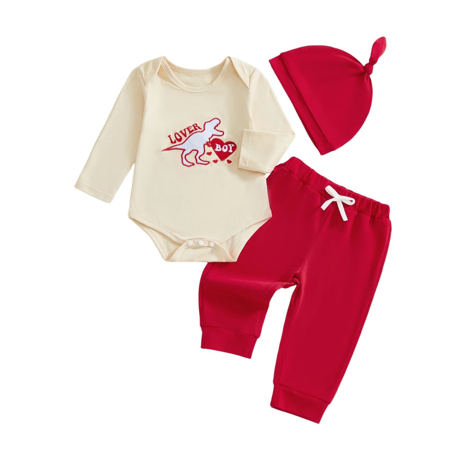 Set da 3 pezzi per bambini di San Valentino con cappello da tuta con ricamo a lettera a maniche lunghe o collo e pantaloni in vita elastica -