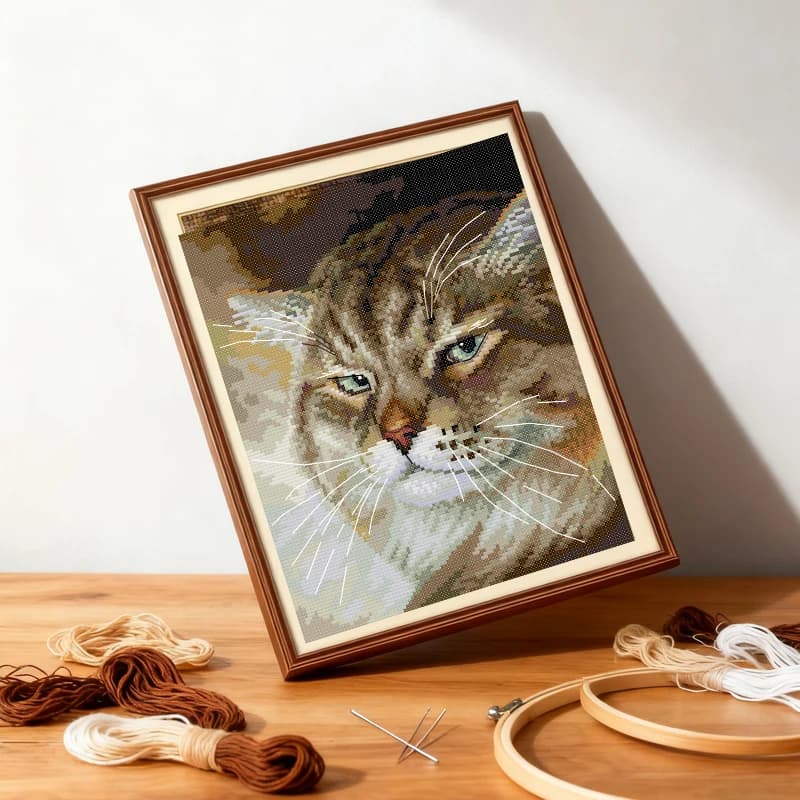 An Angry Cat HD Pattern Embroidery Needle Set Aida Fabric 16/14/11CT Counted Stamped Canvas DIY Cross Stitch Kit Complete Set
