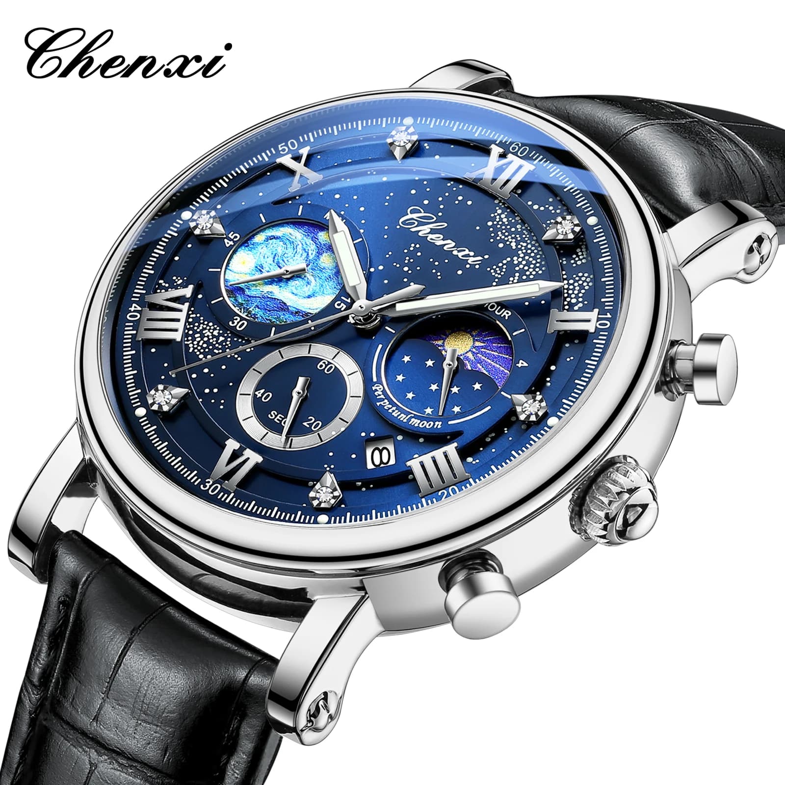 CHENXI 972 Orologio multifunzione classico al quarzo da uomo Cronografo Calendario Fasi lunari Cinturino in pelle Eleganti orologi da lavoro per uomo