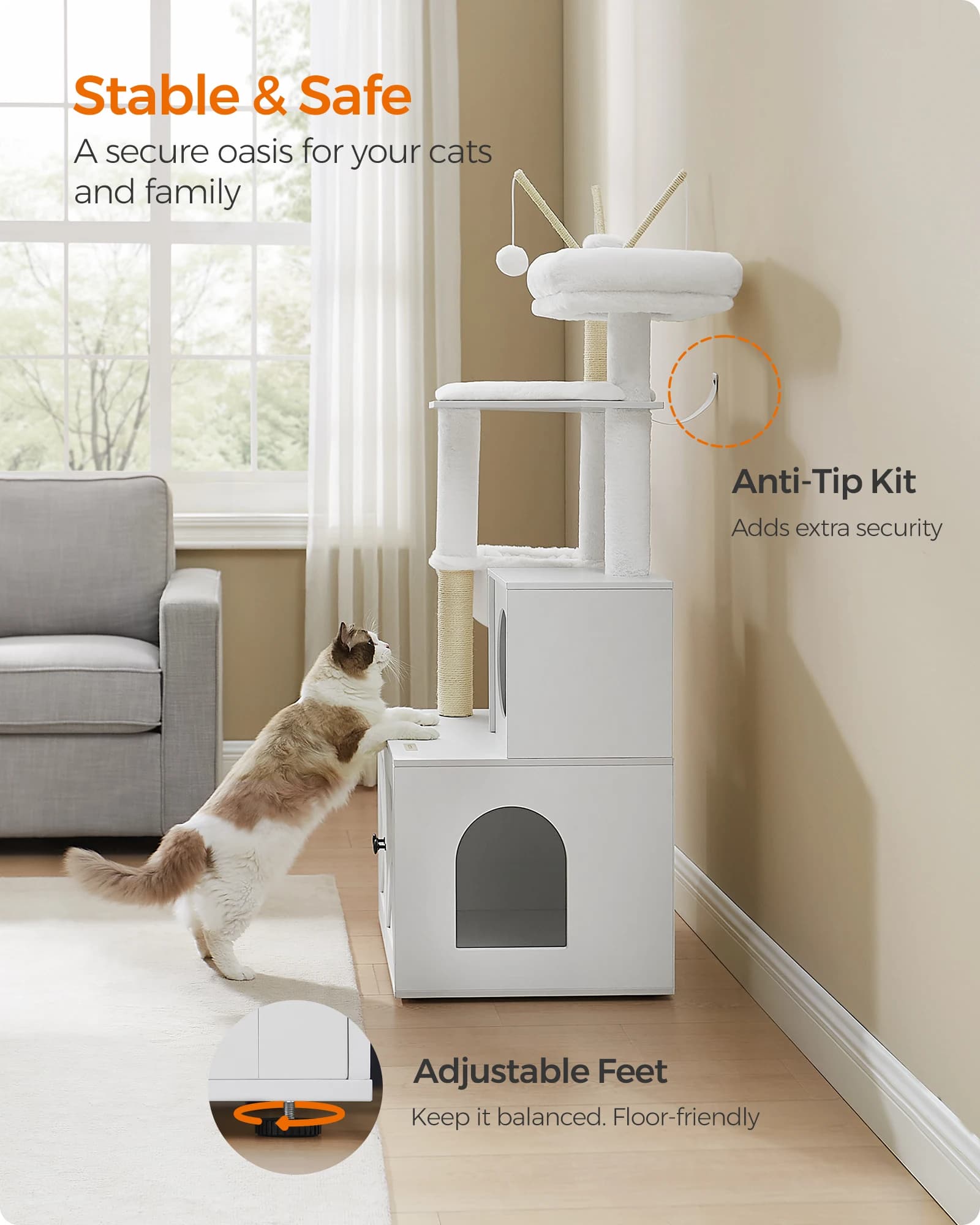 Feandrea Tiragraffi per Gatti con Box Lettiera Integrato, Torre per Gatti Moderna da 150 cm, Cuccia 2-in-1 con Tiragraffi, Copertura Rimovibile Lavabile