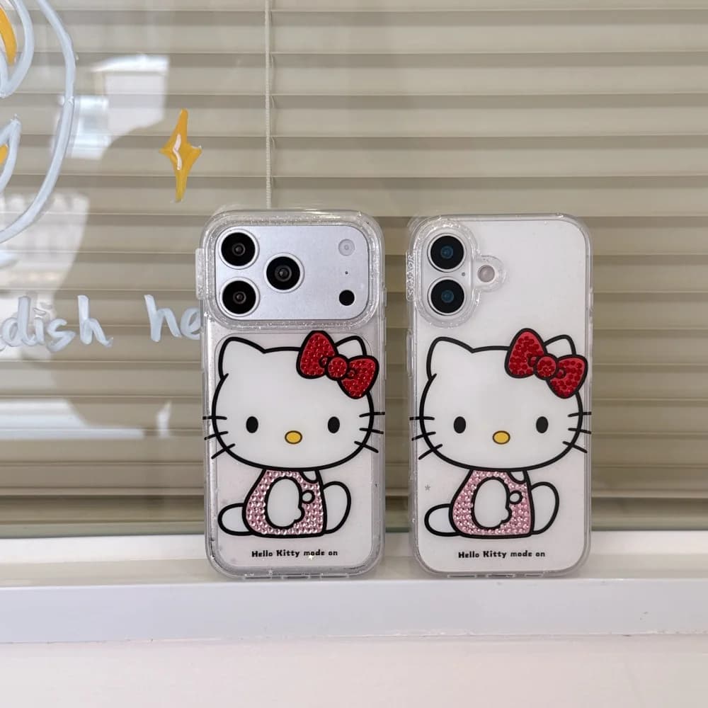 Cute 3D Rhinestone KT Phone Case for iPhone 17 Pro 16 15 Pro Max Clear Glitter Shockproof Soft TPU Cover With Red Bow Anti Drop